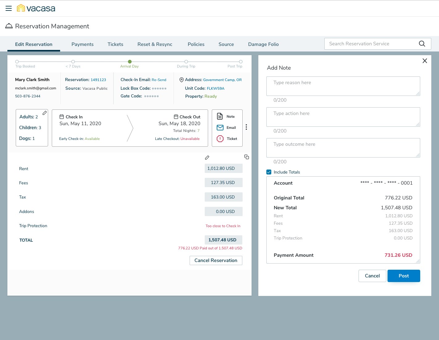 Add Note side panel with reason, action and outcome fields limited to 200 characters each, and an Include Totals checkbox that attaches the original total, new total, rent, fees, tax, trip protection and payment amount to the note