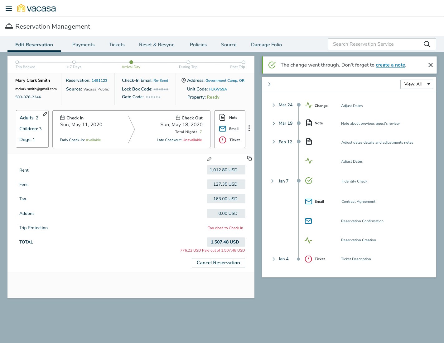 The reservation after a date change with a green confirmation banner reading The change went through. Don't forget to create a note, and the timeline on the right now showing the new Adjust Dates change at the top, above earlier notes, identity check, contract agreement and reservation confirmation emails, reservation creation and a ticket