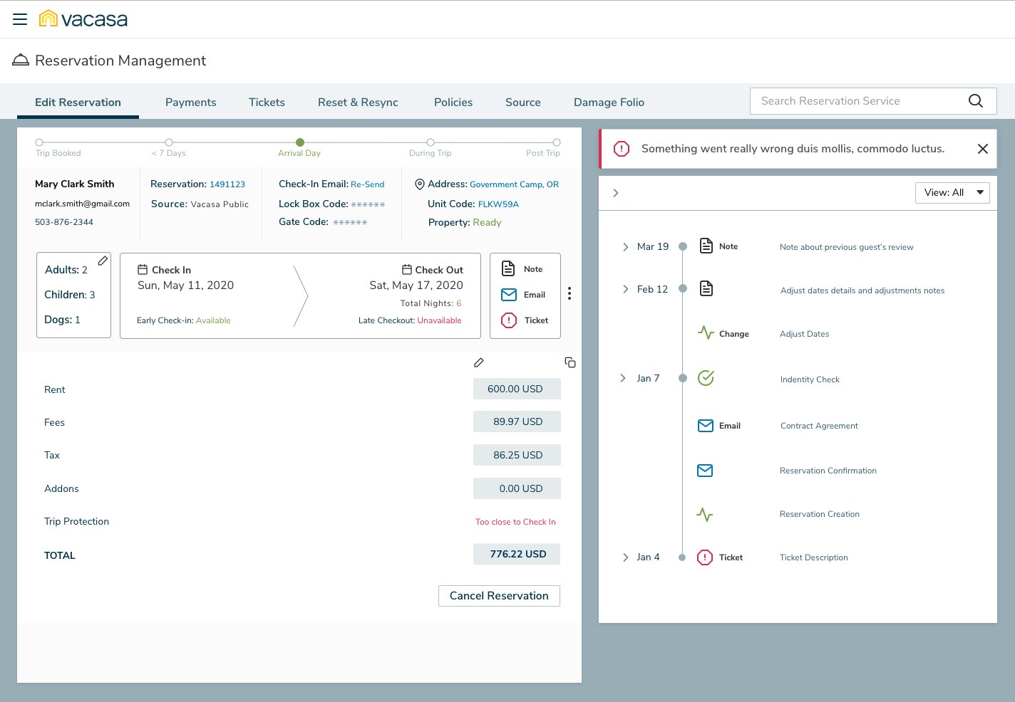 Reservation Management 2.0: a single reservation page with a trip-stage stepper from Trip Booked to Post Trip, guest, reservation and property facts, a stay card with check-in and check-out dates, a finance breakdown totalling 776.22 USD, quick actions for note, email and ticket, and a right-hand timeline of changes, emails, notes and tickets