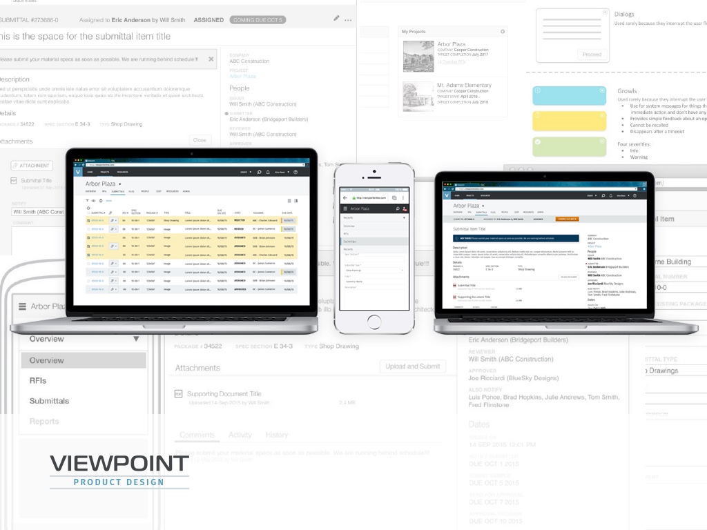 The finished submittals experience on three devices over faded wireframes: a laptop showing the Arbor Plaza submittal log with rejected, revised, assigned and approved rows; a phone showing the project menu and a submittal form; and a second laptop showing a submittal detail page with its people and dates rail