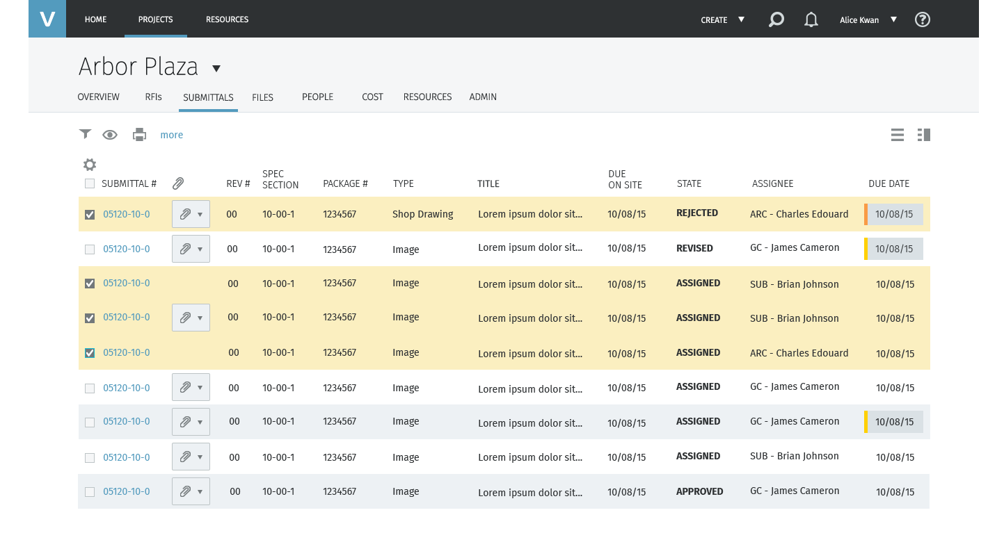 High-fidelity submittals log for Arbor Plaza in Viewpoint Online, with a dark top bar and project tabs for overview, RFIs, submittals, files, people, cost, resources and admin. Selected rows are highlighted in yellow. Each row has an attachment button, and states include rejected, revised, assigned and approved. Due dates that are late or coming due are marked with an orange or yellow bar