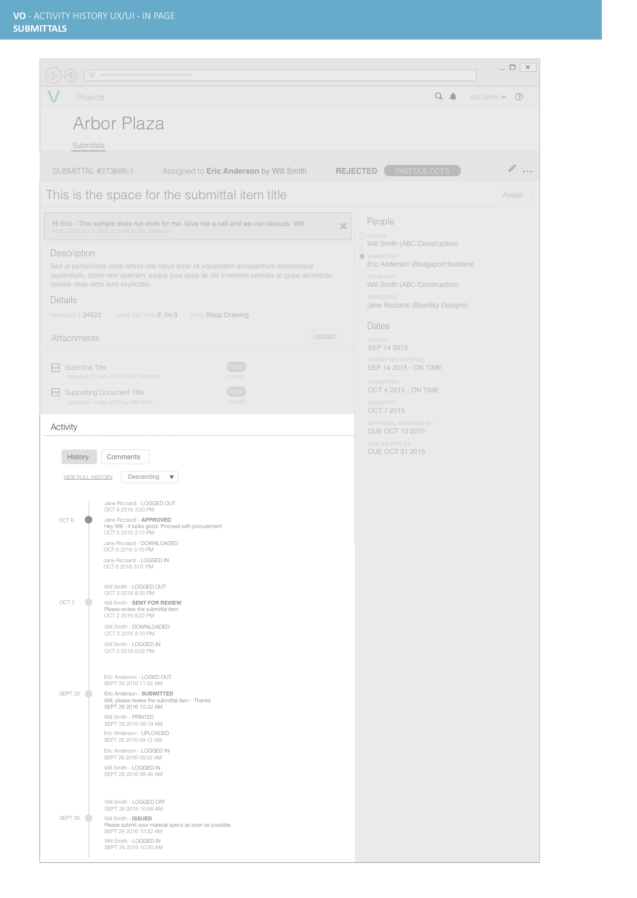Wireframe titled VO Activity history UX UI in page, Submittals. A rejected submittal, revision 1, with a Past due Oct 5 pill and the architect's rejection message at the top. The page dims except for the activity section, which has History and Comments toggles, a Hide full history link, a descending sort and a timeline grouped by day: Sept 26 issued, Sept 28 submitted, Oct 2 sent for review, Oct 6 approved, each with the comment that came with it and smaller login, download and print events around it