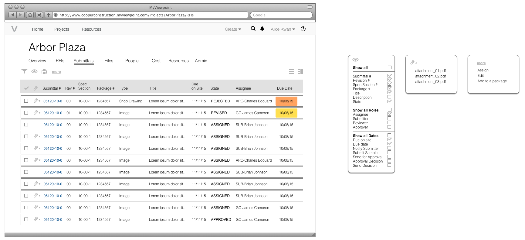 Wireframe of the Arbor Plaza submittals log inside a browser. A toolbar with filter, show, print and more; a table with checkboxes, attachments, submittal number, revision, spec section, package, type, title, due on site, state, assignee and due date. One overdue date is orange and one coming-due date is yellow. To the right, three menus: the show menu with checkboxes grouped as fields, roles and dates; an attachment list; and a more menu with Assign, Edit and Add to a package