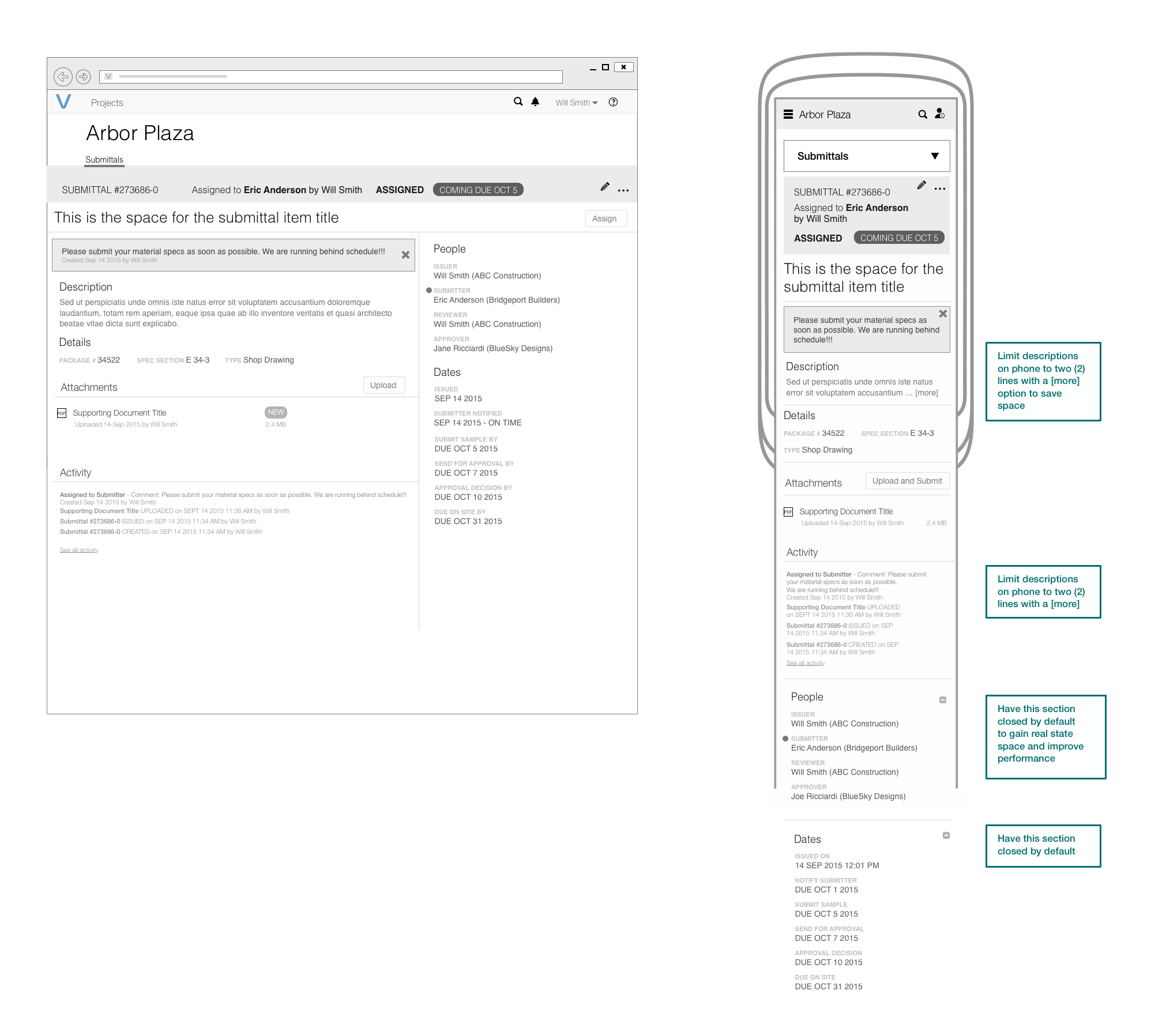 Detail page wireframe on desktop next to the same page on a phone. The phone stacks the status block, title, the GC's message, description, details, attachments with Upload and Submit, activity, then people and dates. Four callouts: limit descriptions on phone to two lines with a more option to save space; limit descriptions on phone to two lines with a more; have this section closed by default to gain real state space and improve performance, next to People; have this section closed by default, next to Dates