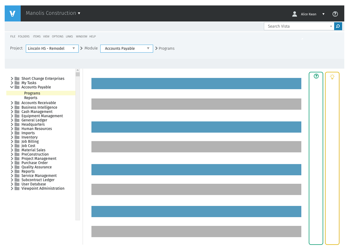 Module page concept with the header breadcrumb reading Project, Lincoln HS Remodel, then Module, Accounts Payable, then Programs. The module tree has Accounts Payable expanded with Programs highlighted and Reports below it. The main area shows a list of result rows, with help and tips panels on the right