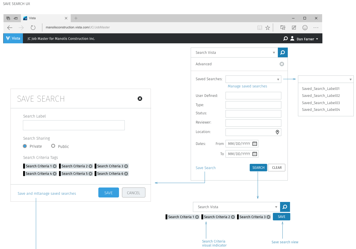 Save search flow in a browser window for Manolis Construction's JC Job Master. The advanced panel has a Saved Searches dropdown listing four saved labels and a Manage saved searches link. Save Search opens a modal with a search label, private or public sharing, and the search criteria tags. Running the search shows three criteria chips under the box, labelled search criteria visual indicator, and a Save button, labelled save search view