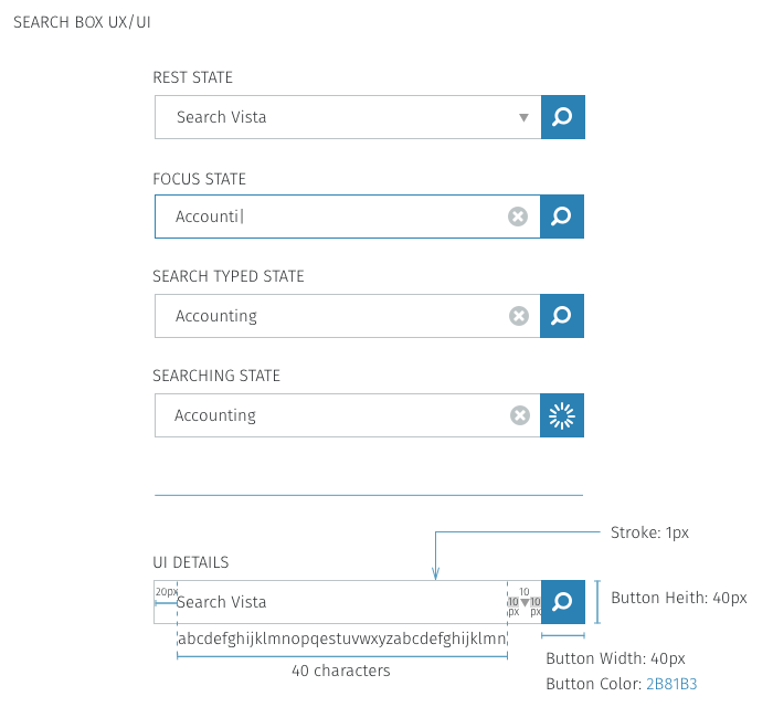 Search box spec. Rest state: Search Vista with a dropdown arrow and a blue search button. Focus state: Accounti with a cursor and a clear icon. Search typed state: Accounting. Searching state: Accounting with a spinner in the button. UI details: 1px stroke, 20px left padding, a field 40 characters wide, and a 40 by 40 pixel button in colour 2B81B3