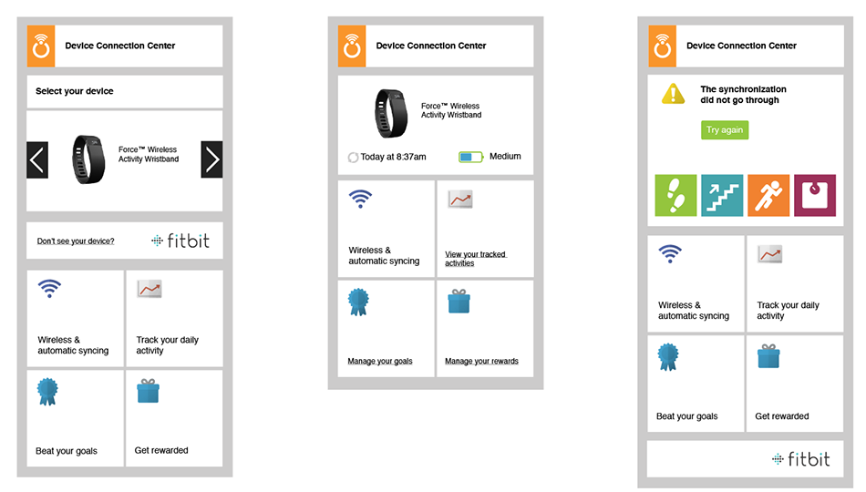 Three phone-width wireframes of the Device Connection Center. The first shows Select your device with a one-at-a-time carousel of the Force wristband, a Don't see your device link, then the four value tiles. The second shows a connected Force wristband synced today at 8:37am with medium battery, above tiles for syncing, view your tracked activities, manage your goals and manage your rewards. The third shows The synchronization did not go through with Try again and the four activity icons at the top, then the tiles