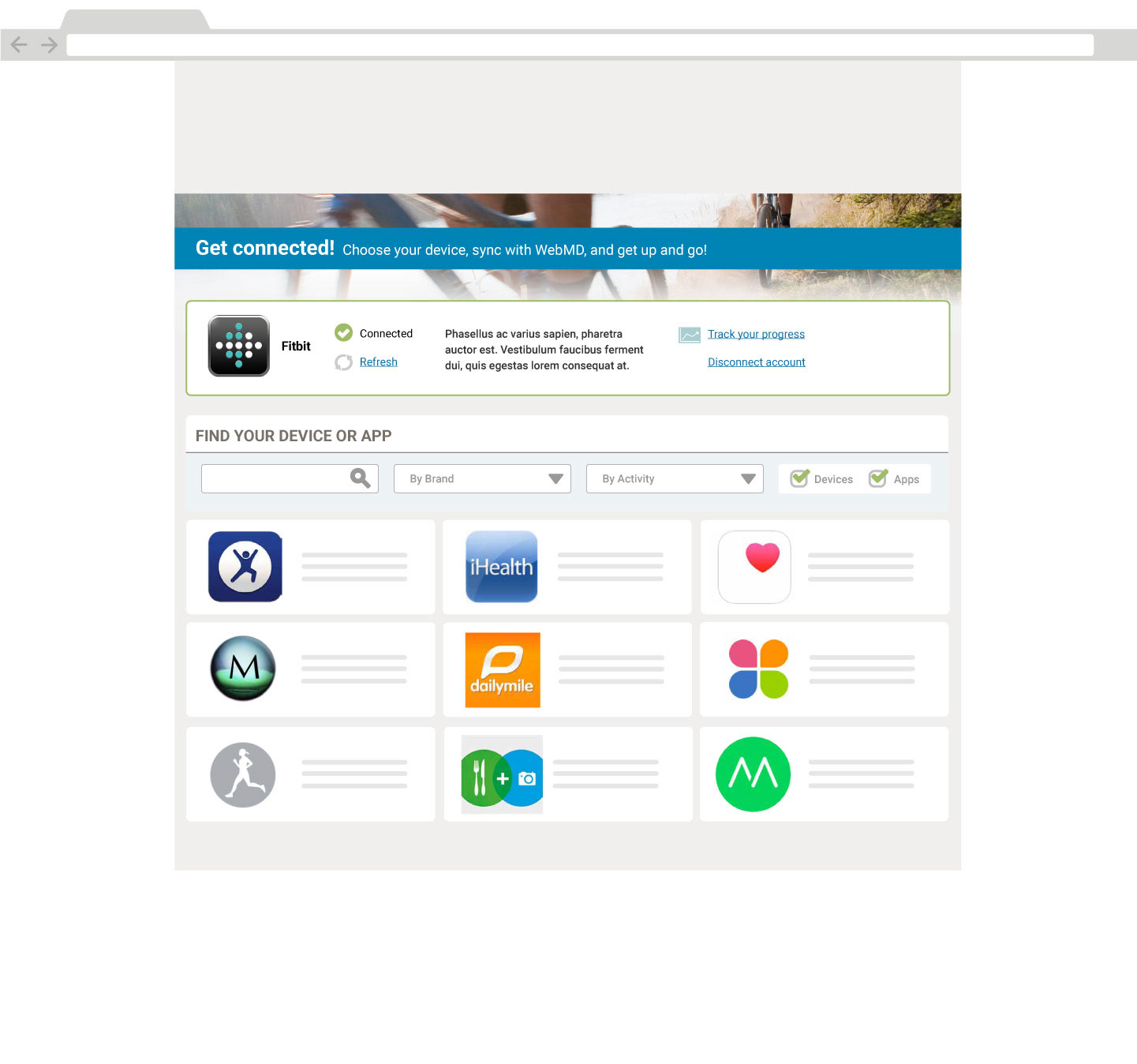 The Get connected page in a browser. A blue banner reads Get connected, choose your device, sync with WebMD, and get up and go. Below it, a connected Fitbit card with a green check, a Refresh link, and Track your progress and Disconnect account links. Under that, a Find your device or app panel with a search field, By Brand and By Activity filters and Devices and Apps checkboxes, over a grid of nine app and device tiles including iHealth and dailymile