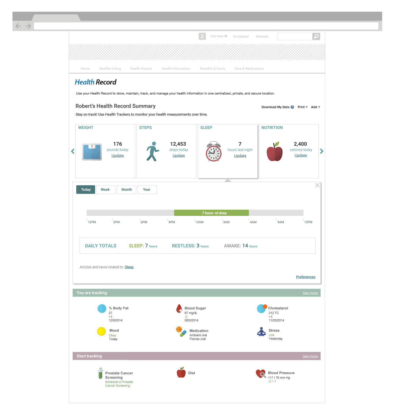 The sleep card open on Today: a single timeline from 12PM to 12PM with a green bar labelled 7 hours of sleep spanning roughly 9PM to 6AM. A Daily totals bar reads sleep 7 hours, restless 3 hours, awake 14 hours, with articles related to sleep